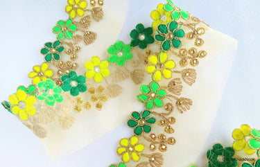 Gold Sheer Tissue Fabric Trim With Embroidered Green & Gold Flowers, Embellished With Beads, Approx. 65 mm Wide - 210119L105